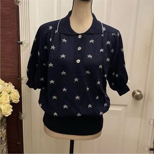 Mila Schon Navy Star Pattern Button Down  knit polo Shirt, S